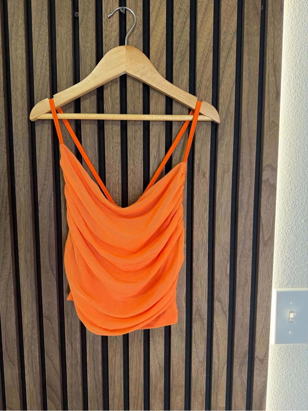 Orange Draped Cowl Neck Spaghetti Strap Cross Back Top